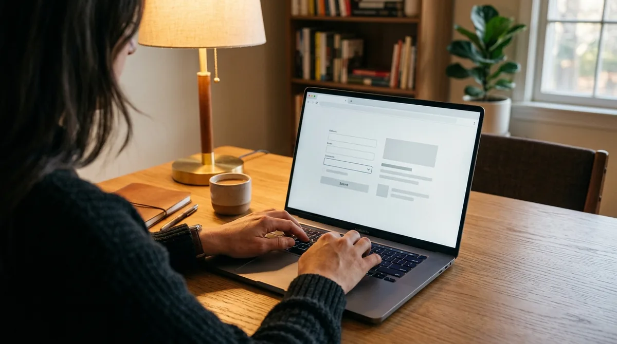 Una contribuyente mexicana comprueba su dirección escrita en un recibo real junto a una computadora doméstica antes de capturar el aviso del SAT, sin datos legibles