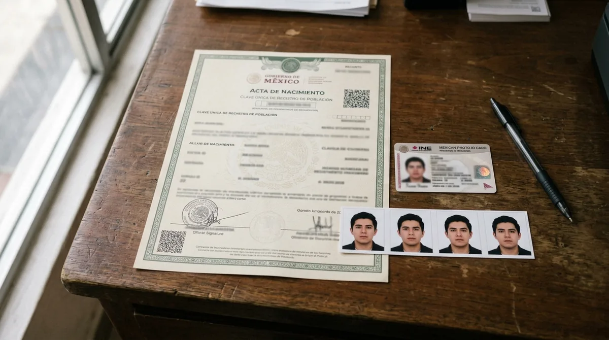 Escritorio de trámite gubernamental mexicano con acta de nacimiento, identificación oficial y fotografías tamaño credencial ordenadas sobre la superficie
