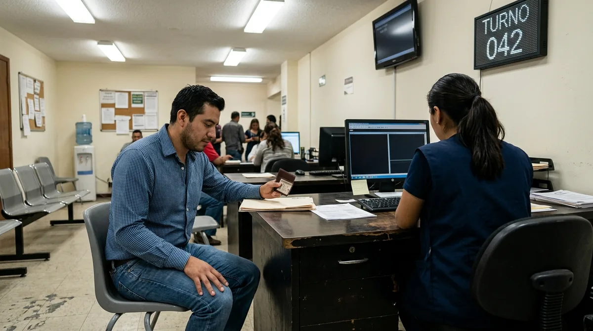 Hombre en un módulo de atención mexicano esperando su turno con su identificación y documentos en la mano, mientras una empleada atiende a otra persona en el mostrador