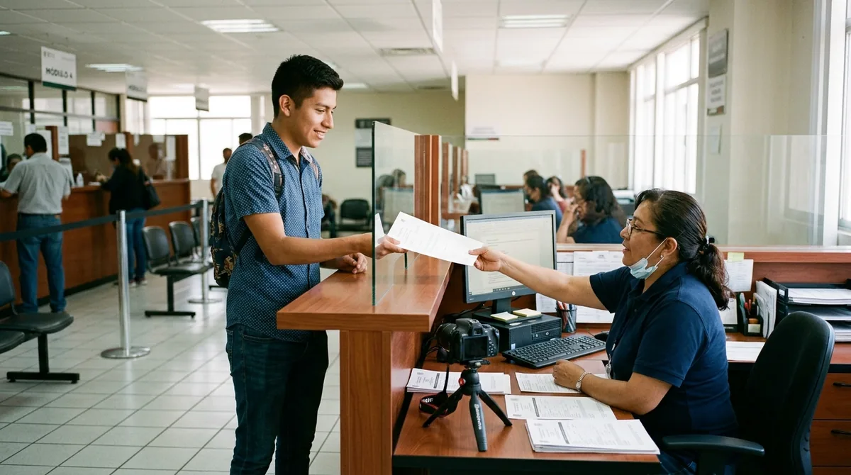 Persona joven entregando un documento en la ventanilla de una oficina de atención, donde una empleada lo recibe junto a una cámara para fotografías