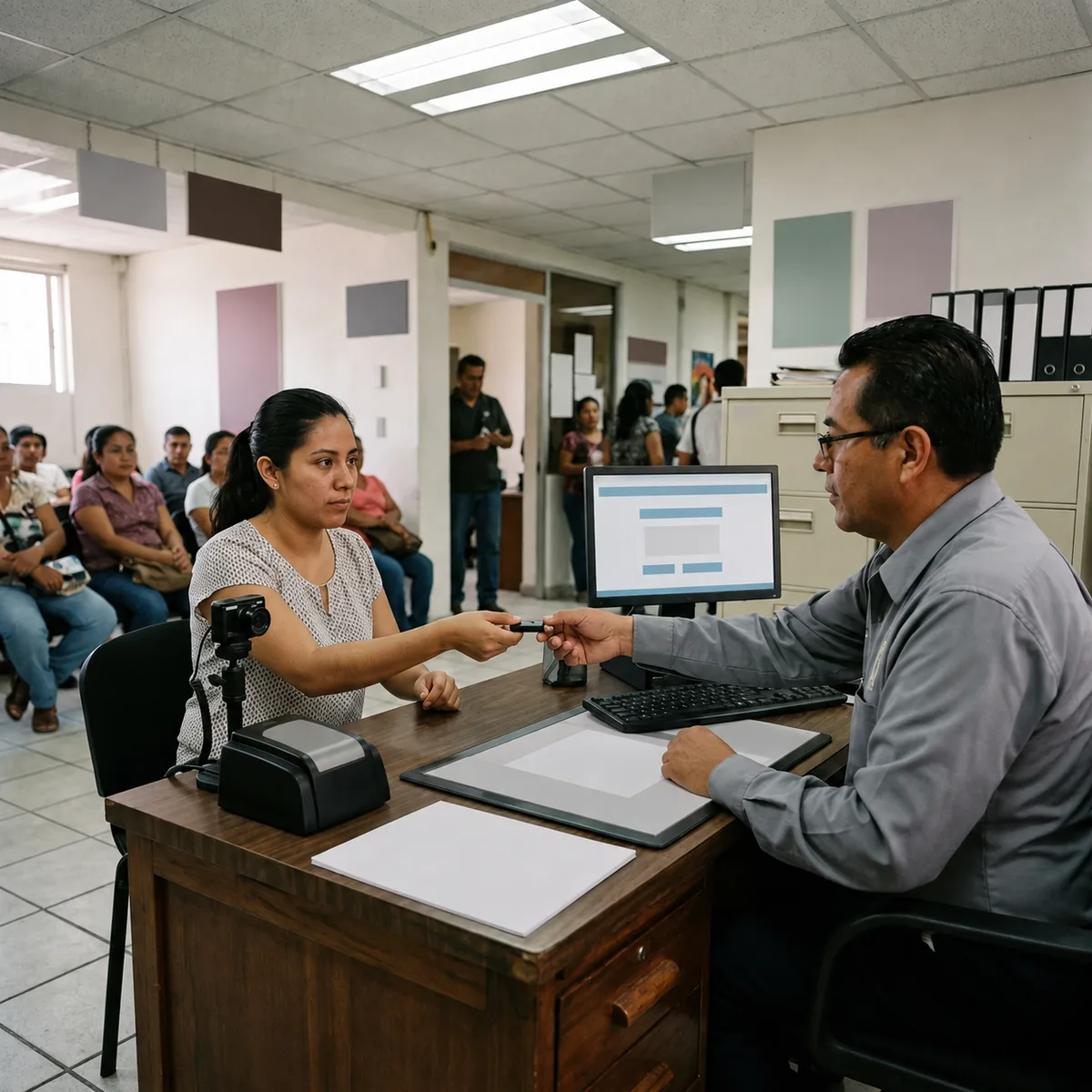 Persona organizando una memoria USB, identificación y hoja de cita sobre un escritorio antes de acudir a una oficina pública mexicana, sin datos personales legibles