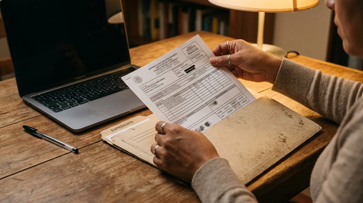 Una persona revisa en la pantalla de su laptop el resultado de una consulta fiscal, con un PDF genérico descargado y datos personales ocultos