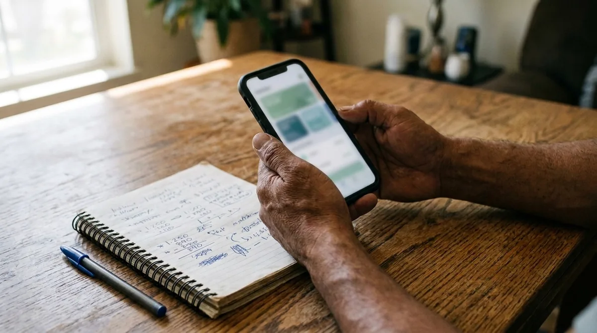 Manos sosteniendo un teléfono con una app genérica junto a una libreta con cálculos a mano sobre una mesa de madera, sin datos legibles